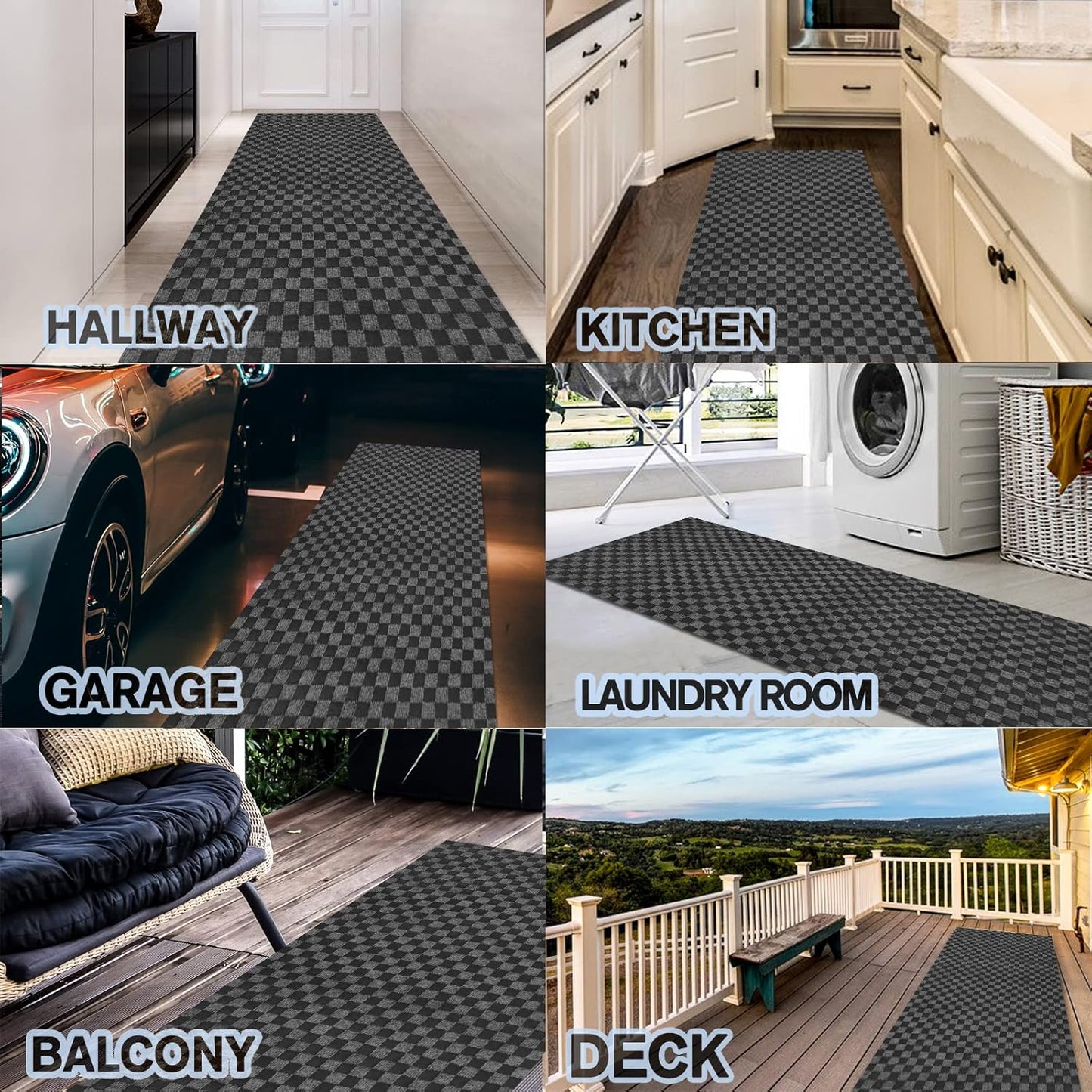 Custom Size Backed Non-Slip Area Rugs Runner, Easy Clean, Waterproof Runner Rugs for Hallway Entryway, Kitchen, Laundry, 2FT x 18FT, Gray Checkered