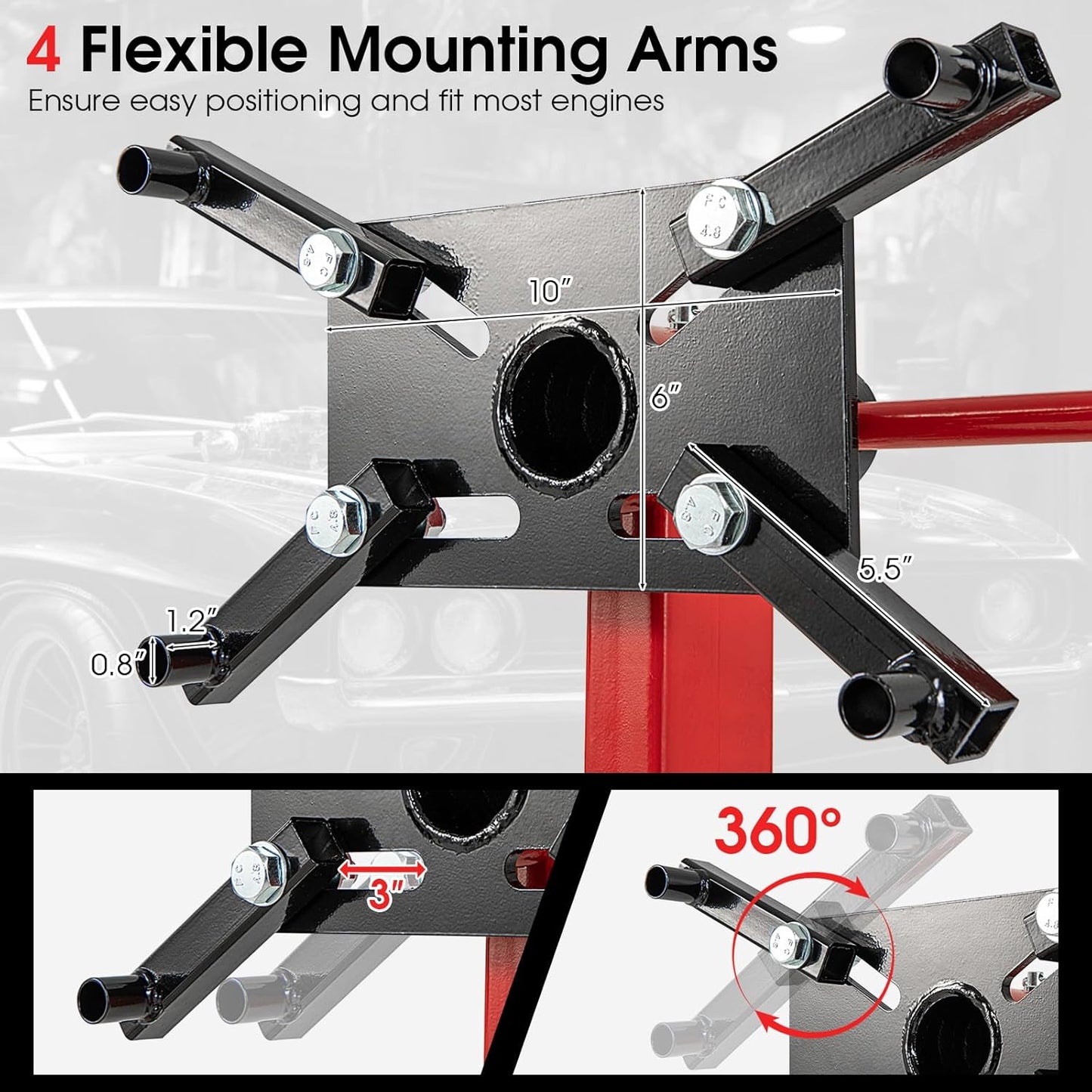Goplus Engine Stand, 1500 LBS (3/4 Ton) Motor Stand with 4 Wheels, 360 Degree Rotating Head & 4 Adjustable Arms, Heavy-Duty Metal Engine Holder for Garage, Auto Repair, Red