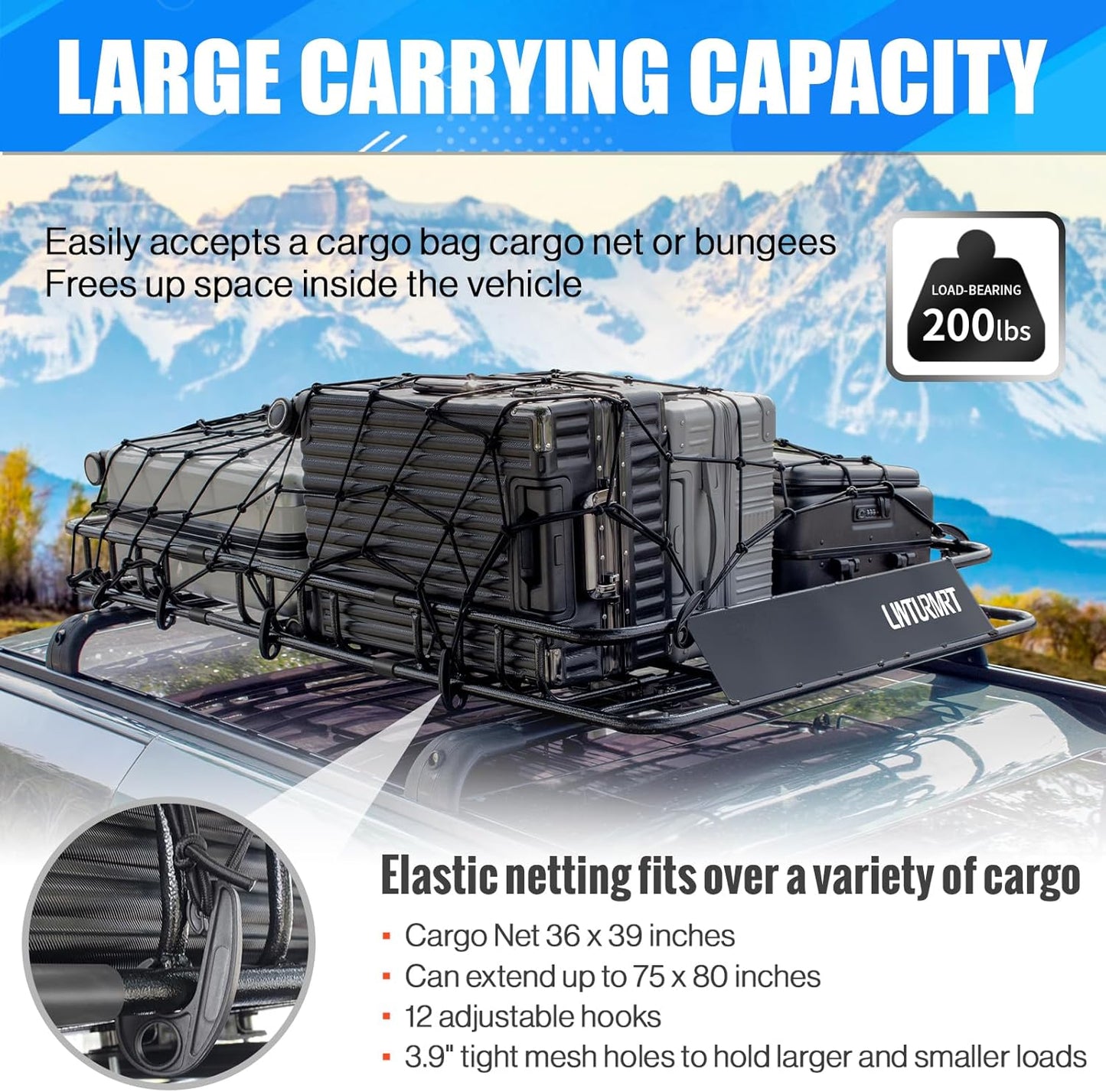 Heavy Duty 58"X36"X5" Roof Rack Basket Universal Rooftop Carrier With Waterproof Bag 18 Cubic Feet (54"X34"X17"), Cargo Net With Grabber