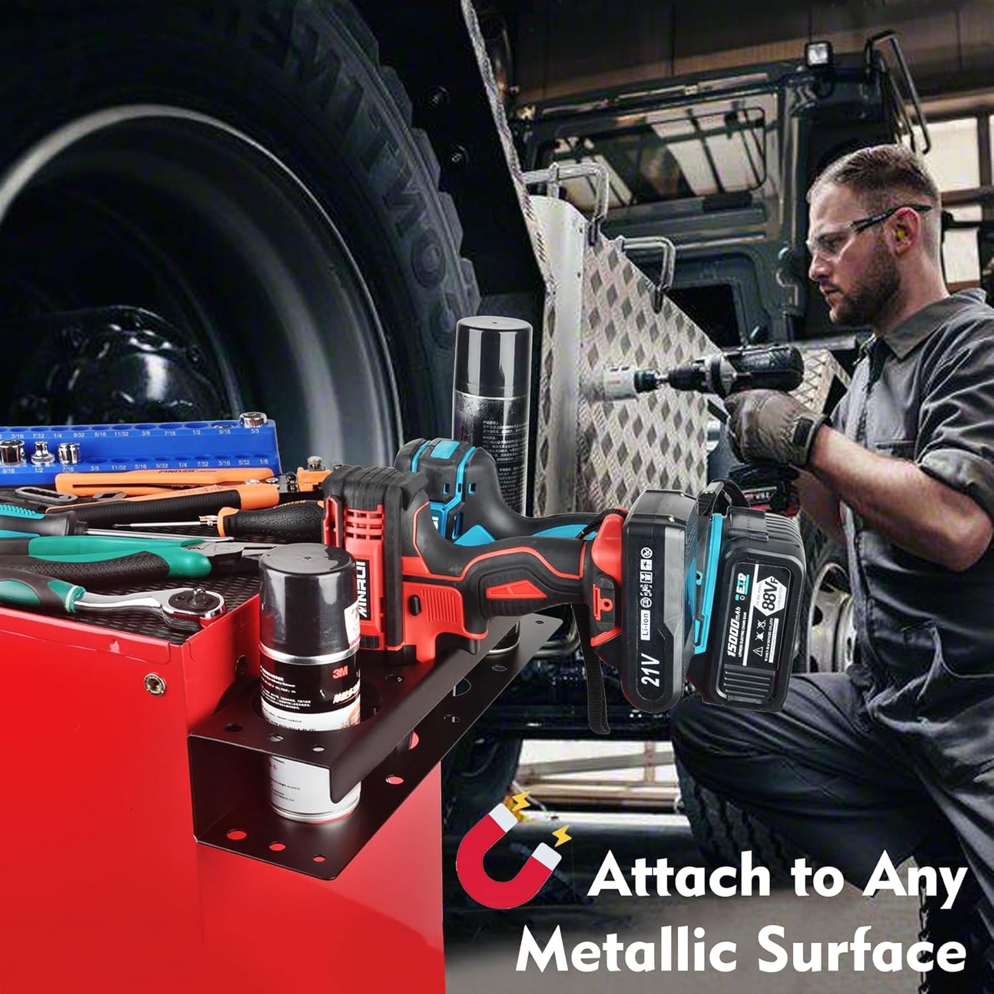 MUTUACTOR Super Power Tool Organizer, Non-Slip 4 Drill Holder Magnetic Mount with 2 Layer Heavy Duty Metal Storage Rack, Garage Tool Organizer with Screwdriver, Plier, Impact Drill Drivers