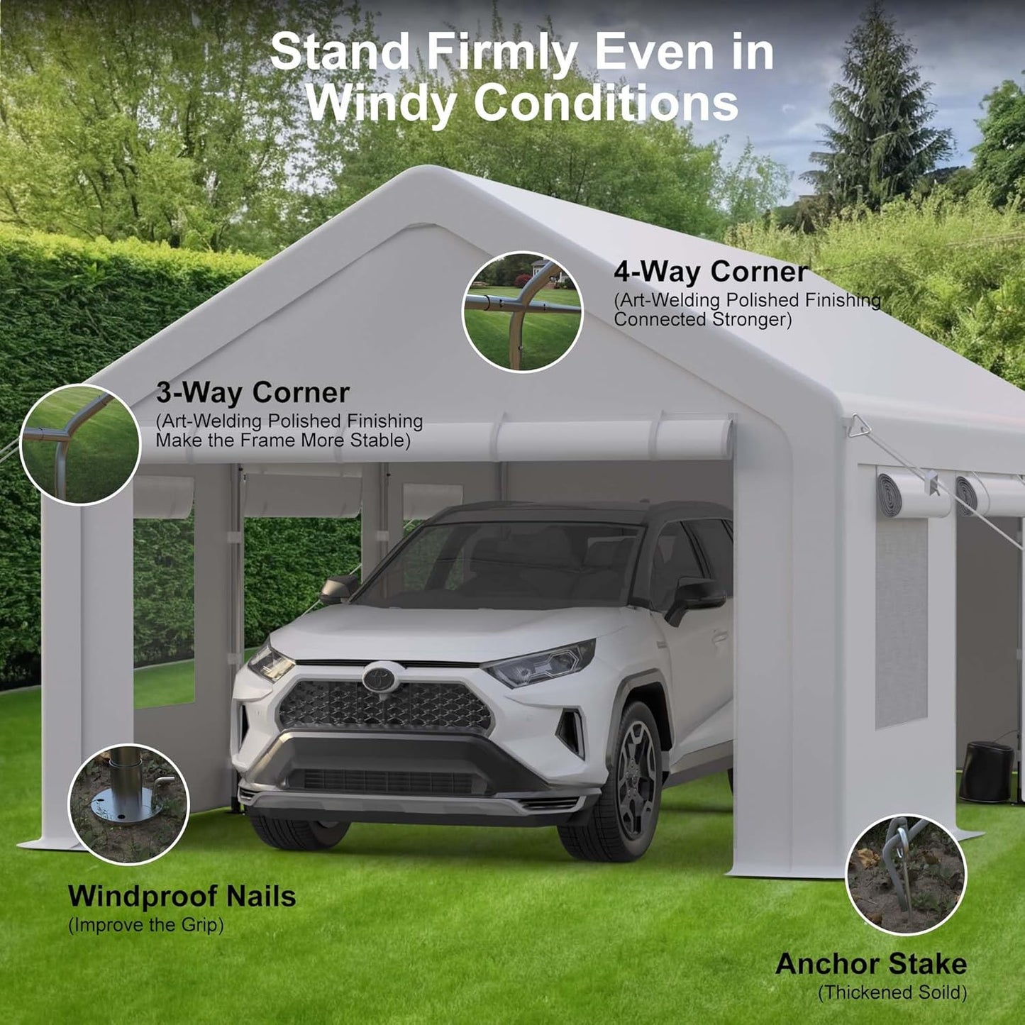 10x20ft Carport Heavy Duty, Portable Garage with 4 Doors + 4 Window, Upgraded Carport with Reinforced Steel Poles, Uv Resistant Waterproof Tarp, Portable Carport for Car, Truck, Boat