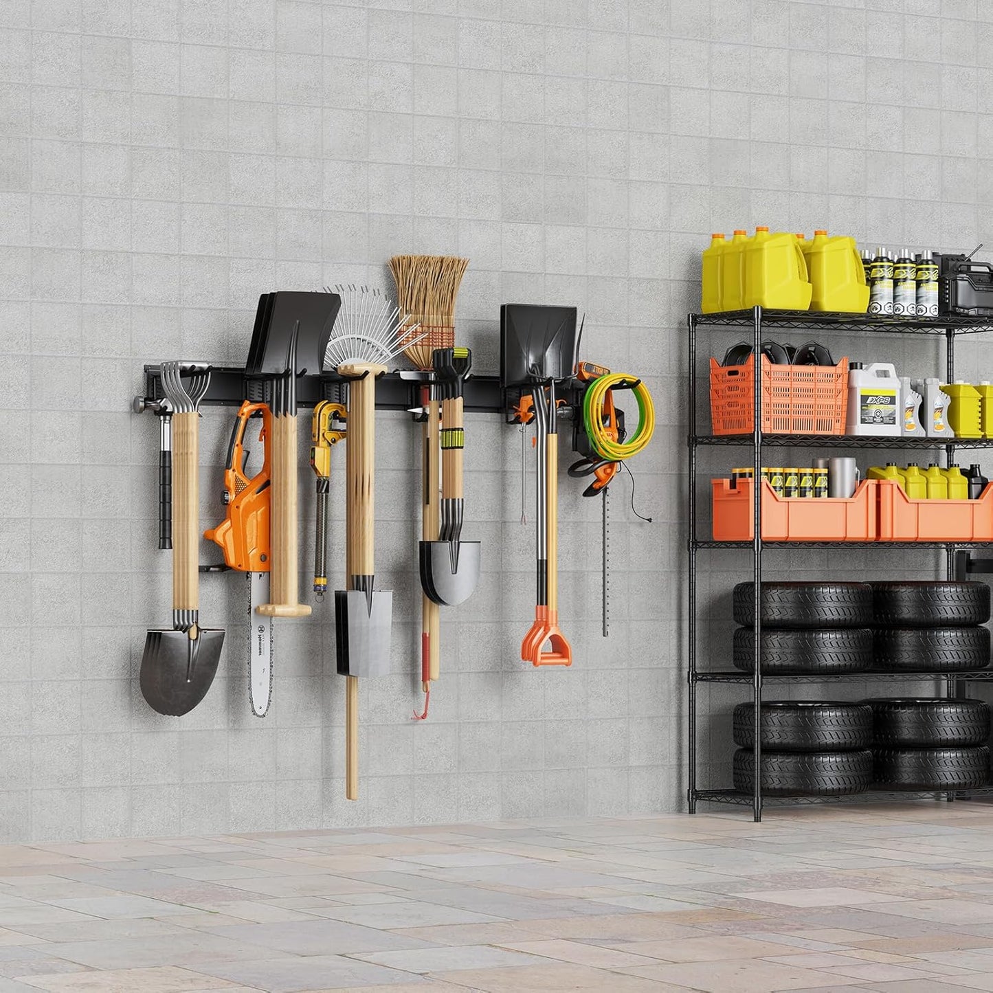 Garage Tool Organizer Wall Mount, 48 Inch Adjustable Garage Tool Storage Rack, Heavy Duty Garden Tool Organizer Rack, Yard Tool Organizer System for Rake Shovel Broom Mop Wall Holder