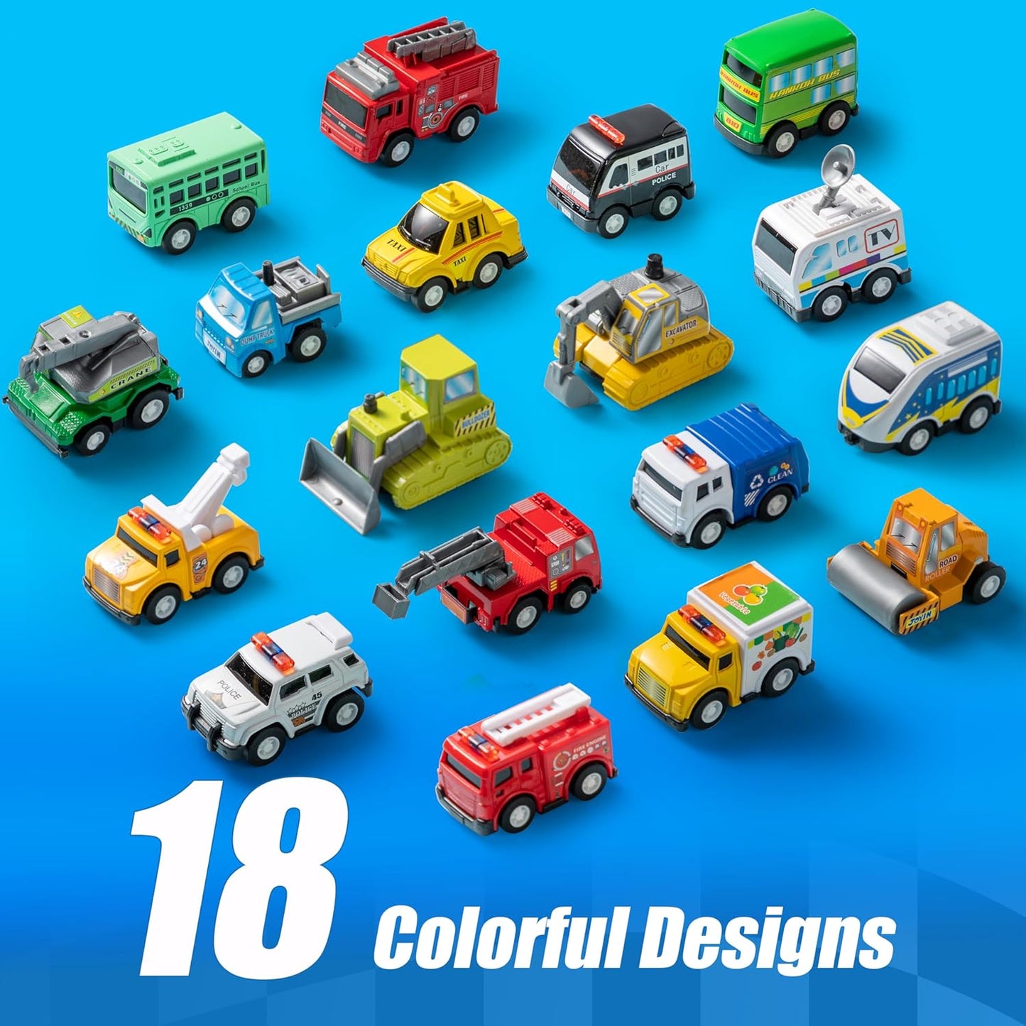 JOYIN 18 Pcs Pull Back City Cars and Trucks Toy Vehicles Set, Friction Powered Cars Toys for Toddlers, Boys, Girls’ Educational Play, Kids Stocking Stuffers, Treasure Box Gifts for Classroom