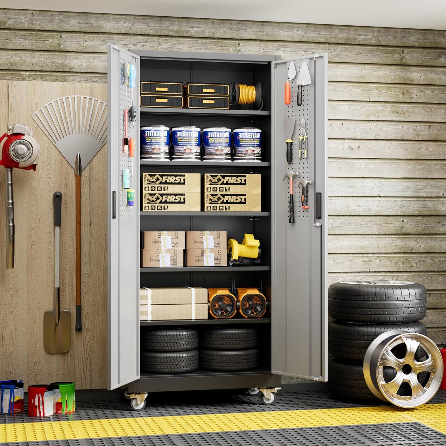 71" H×32" W×16" D Garage Storage Cabinet with Wheels & Pegboard, Locking Metal Storage Cabinet with Doors and 5 Adjustable Shelves & & 4 Hooks for Garage Warehouse Home Office, Black and Gray
