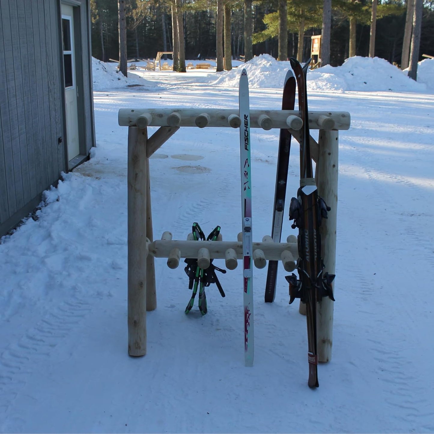 13-Place Freestanding Log Ski Rack Holder, Indoor & Outdoor Snowboard Racks, Standing Storage, Garage Racks for Snow Skis & Poles, Snowboard Rack Garage Storage Organizer - Natural + 15" Anchor Kit