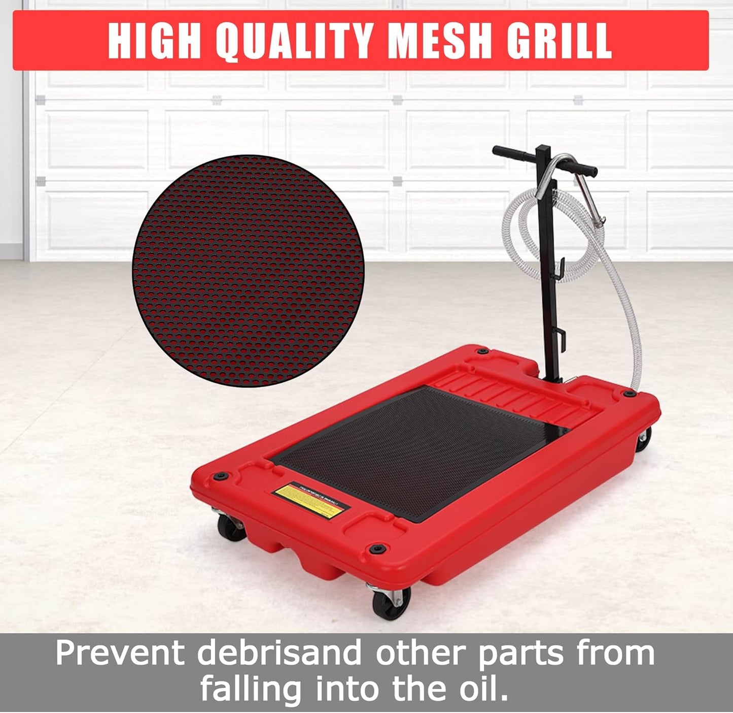 ‌17 Gal Electric Oil Drain Pan, Low Profile Mobile Oil Changing Pan with Hand Pump, 8 Ft Hose & Quick Drain Valve, Leak-Proof Design for Truck Car Motorcycle, Garage Workshop Use