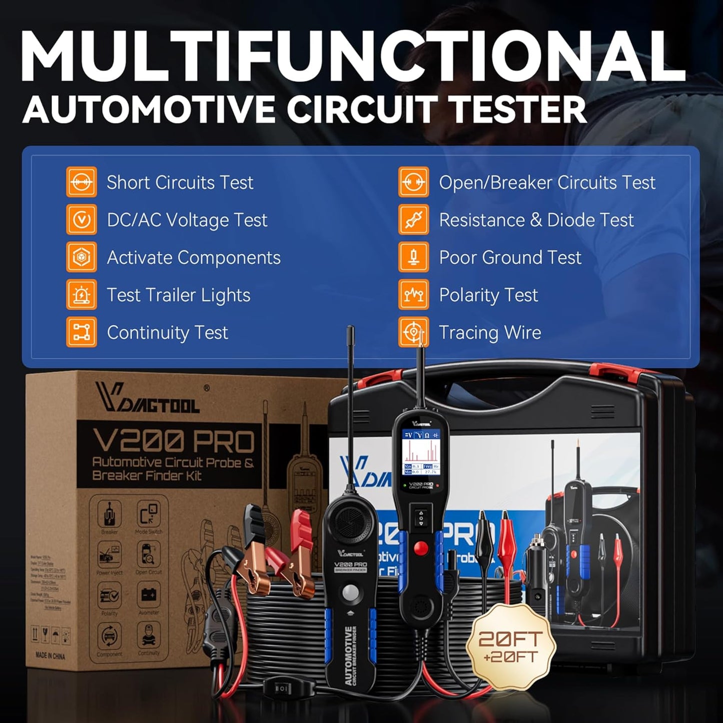 VDIAGTOOL V200 Pro Automotive Power Circuit Probe Tester Breaker Finder Tool, 12/24V Electrical Open Short Circuit Finder, Wire Tracer, AC/DC Trailer Relay Fuse Test for 99% Cars