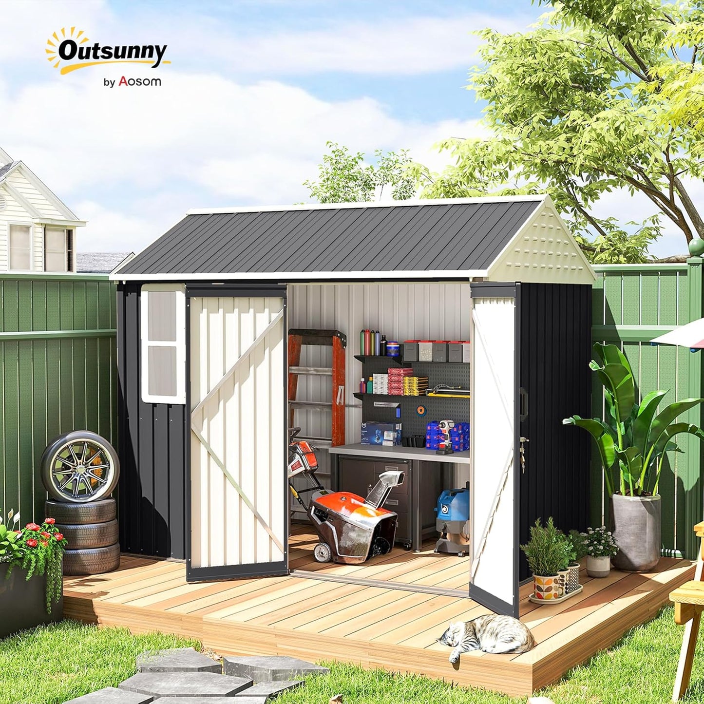 Outsunny 8' x 6' Outdoor Storage Shed, Metal Garden Shed with Window & Double Lockable Door, Outdoor Tool Shed Storage with Sloped Roof for Backyard, Patio, Garage, Lawn, Dark Gray