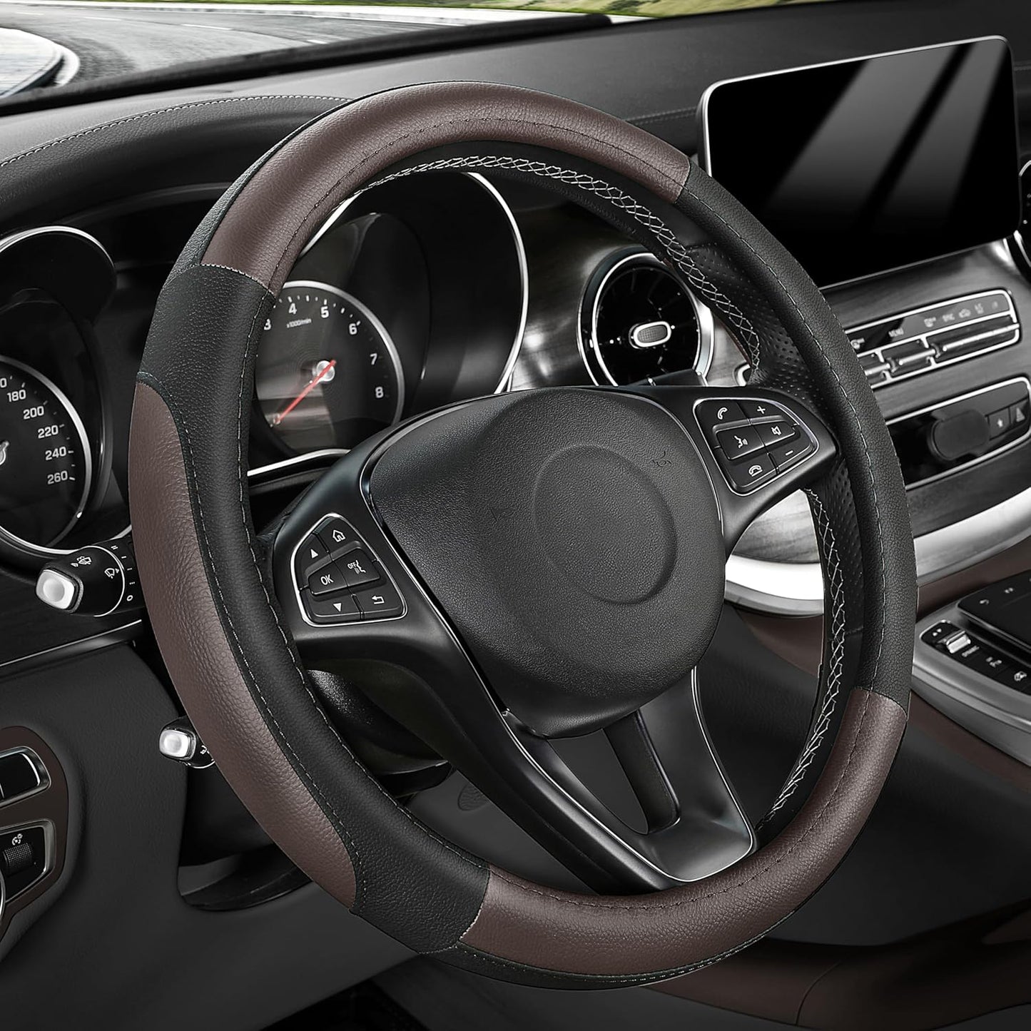 SEG Direct Steering Wheel Cover for Car, Standard Size 14.5-15 inch, Auto Interior Accessories, Black and Dark Brown