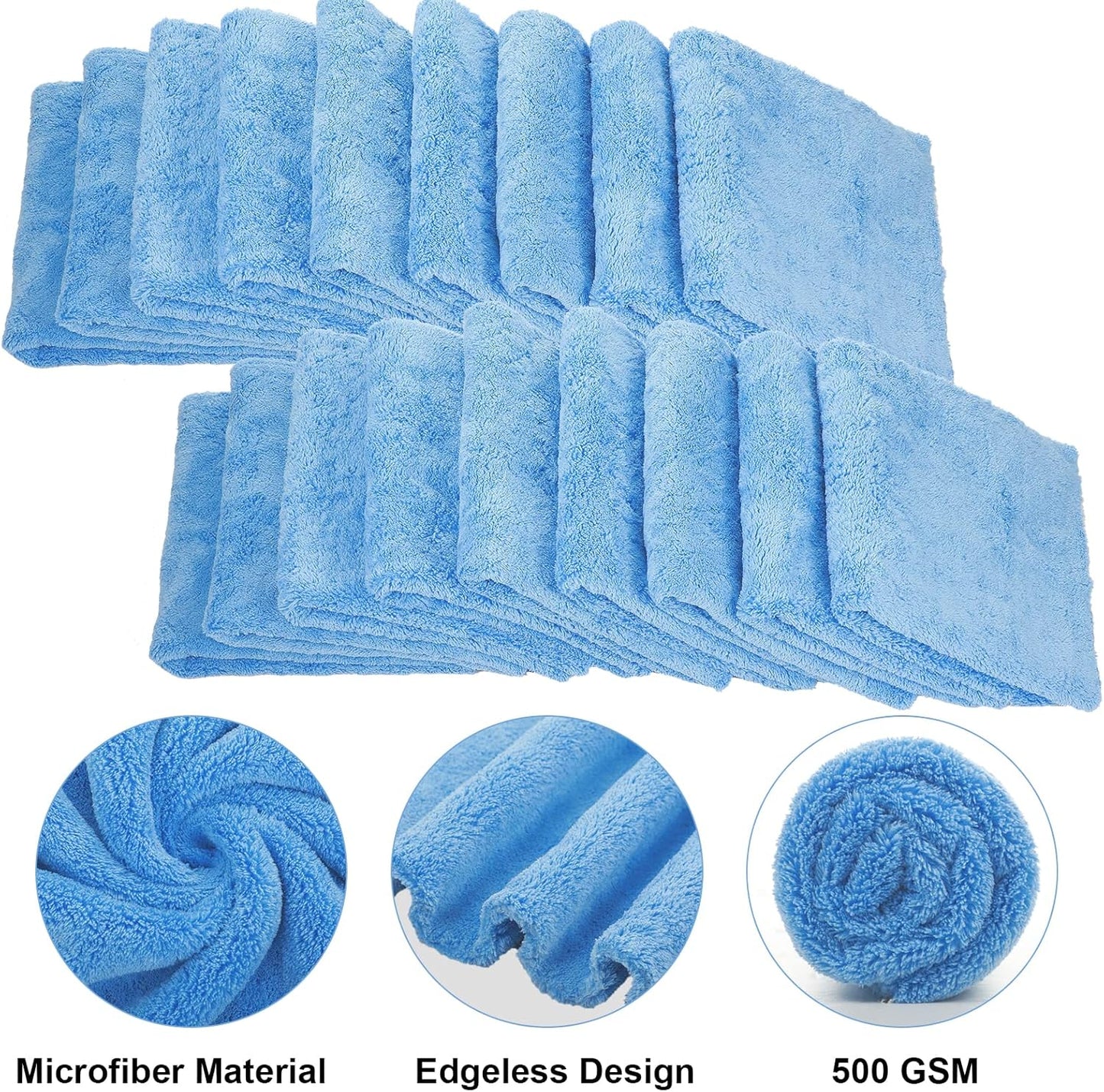 Shimeyao 30 Pcs Edgeless Microfiber Plush Towels for Cars Detailing Drying Wash Polishing Absorbent Cleaning Cloths, 500 GSM, 16 x 16 Inch(Light Blue)