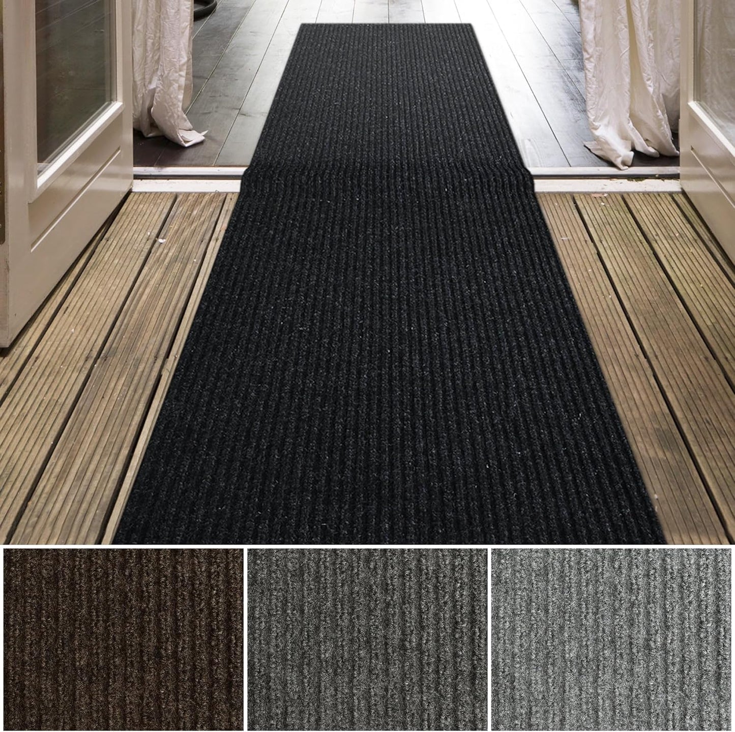 iCustomRug Spartan Weather Warrior Indoor/Outdoor Utility Ribbed Carpet Runner with Non-Slip Thermoplastic Rubber Backing, 28in X 18ft in Black