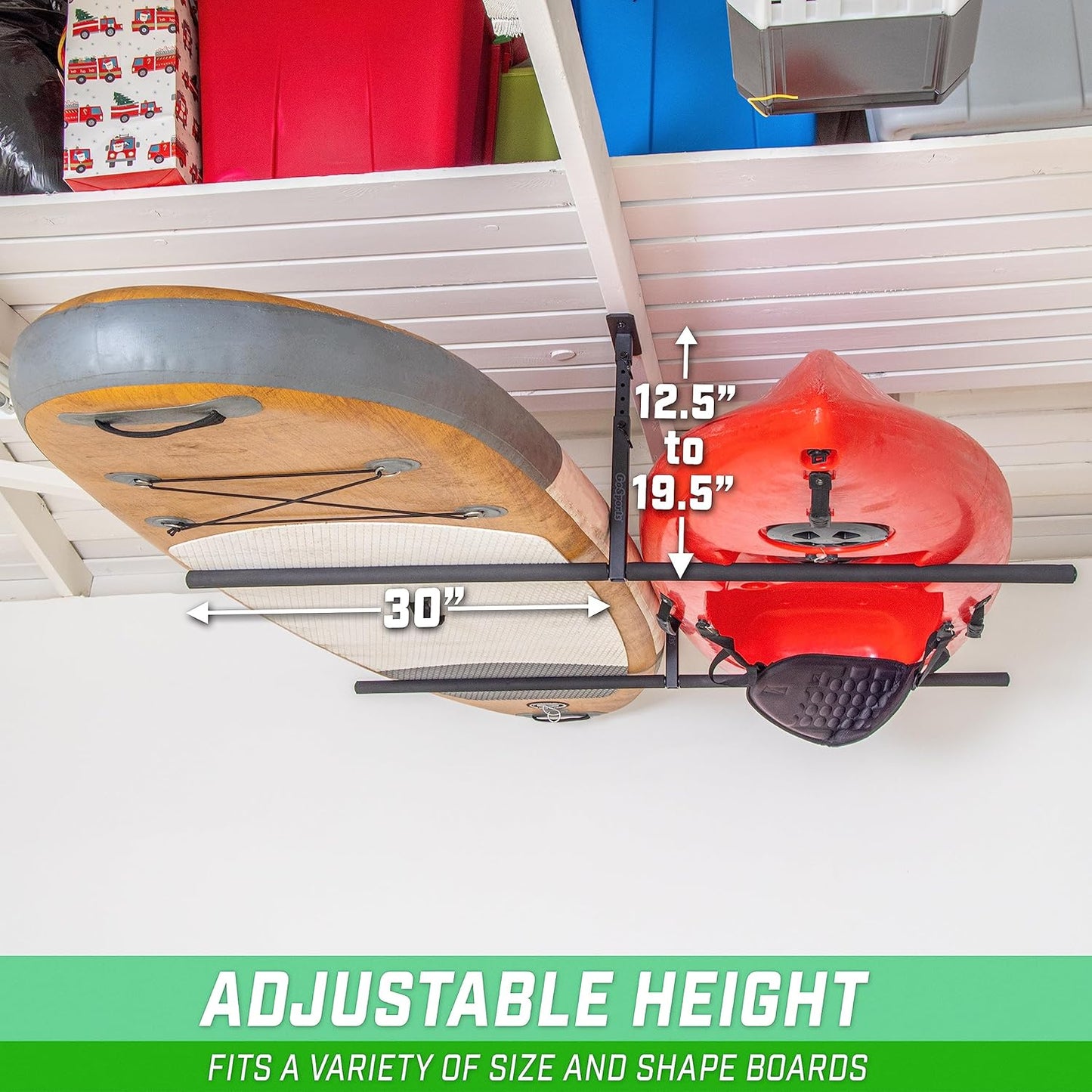 GoSports Kayak Rack for Garage Ceiling Mount - Adjustable Storage Hangers for 2 Kayaks, SUPs, or Surfboards
