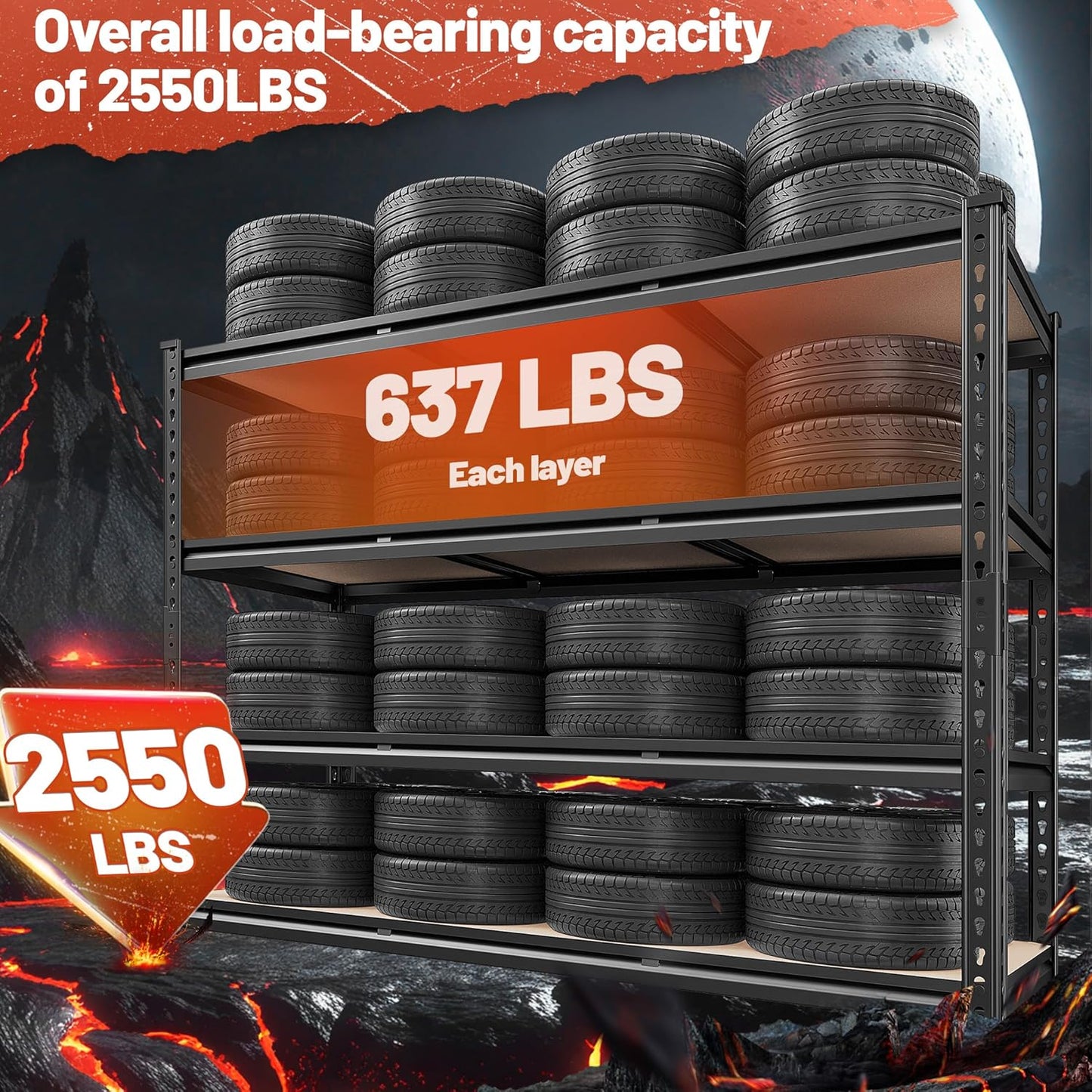 REIBII 48" W Garage Shelving Heavy Duty 2550 LBS Storage Shelves 4 Tier Heavy Duty Shelving, Adjustable Metal Shelves, Industrial Shelf for Garage, Warehouse, Pantry, 48" W x 60" H x 24" D