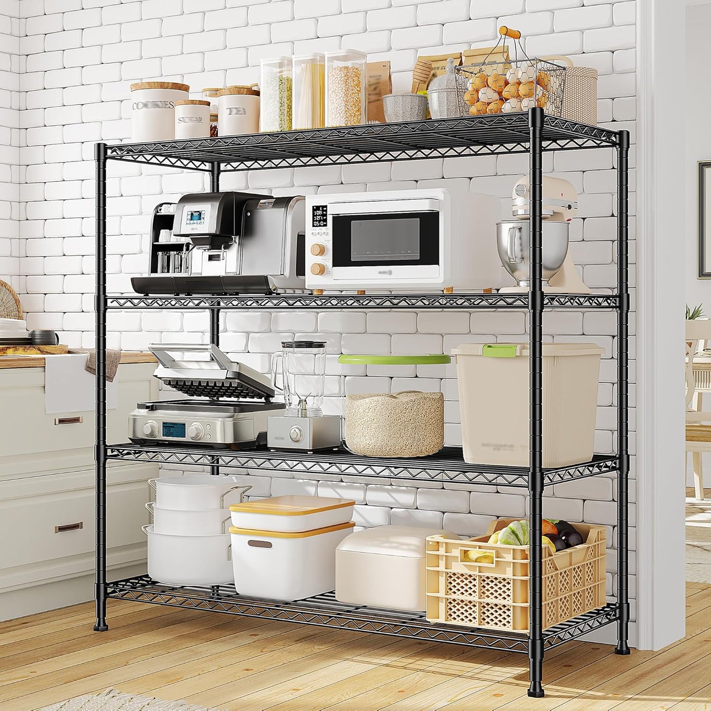 45 "W Metal Shelving Unit 4 Tier Storage Shelves Adjustable Wire Shelving Metal Shelf Pantry Shelves Wire Rack Commercial Shelving for Kitchen Pantry Utility Room Garage 45 "W x 59.4 "Hx 13.5" D Black