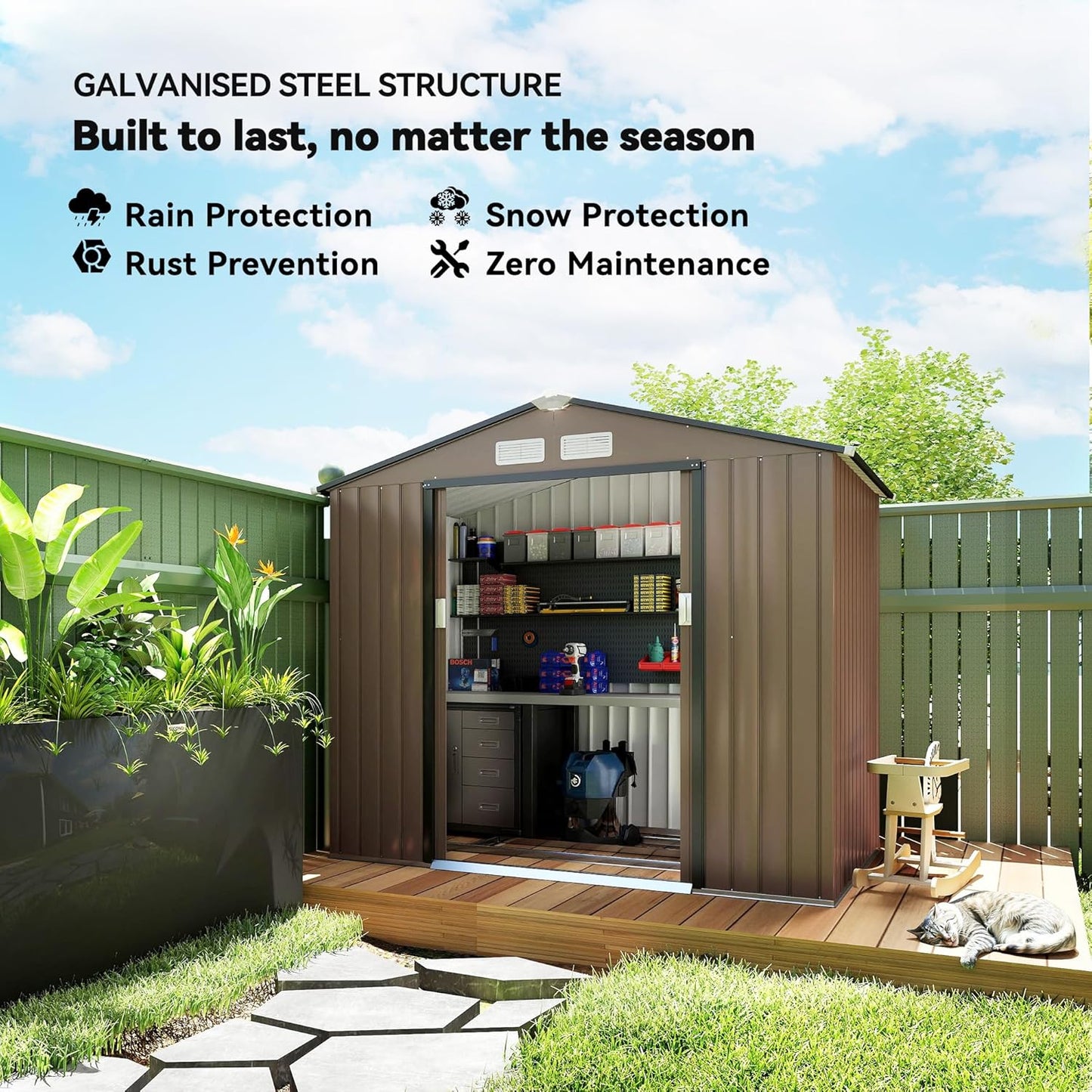Outsunny 7' x 4' Outdoor Storage Shed, Garden Tool Metal Shed with Foundation Kit, Double Lockable Door, Air Vents and Sloping Roof, for Backyard, Patio, Lawn, Brown