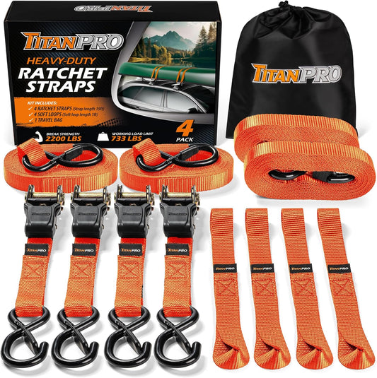 TitanPro Heavy Duty Ratchet Straps 4-Pack - 2,200lb Break Strength, 1" x 15' Rachet Tie Downs with Padded Handles - Heavy Duty, Truck, Motorcycle, Moving Straps (Orange)