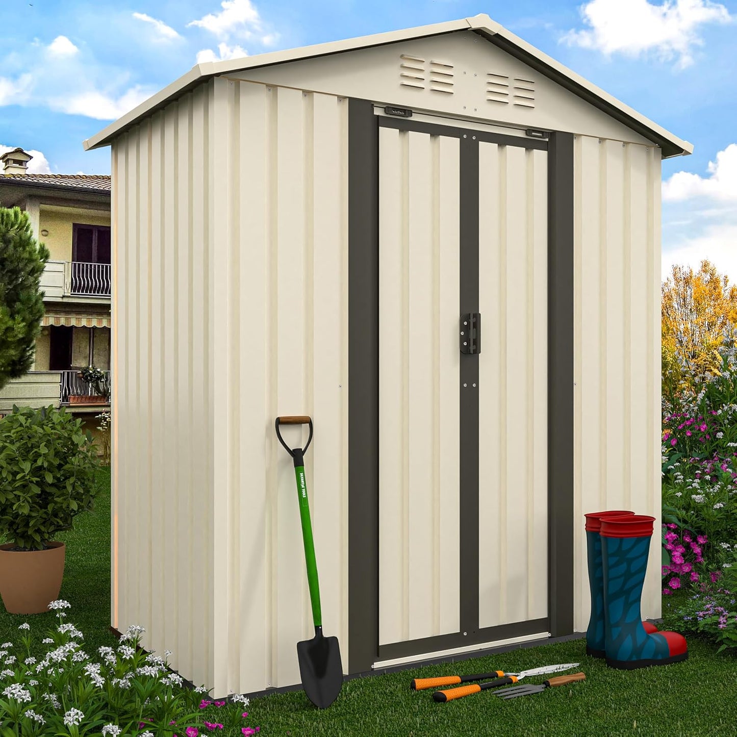 5X3 FT Outdoor Storage Shed, Waterproof Metal Garden Sheds w/Lockable Sliding Doors and Vents, Weather Resistant Tool Storage House for Backyard, Patio, Lawn, Cream White