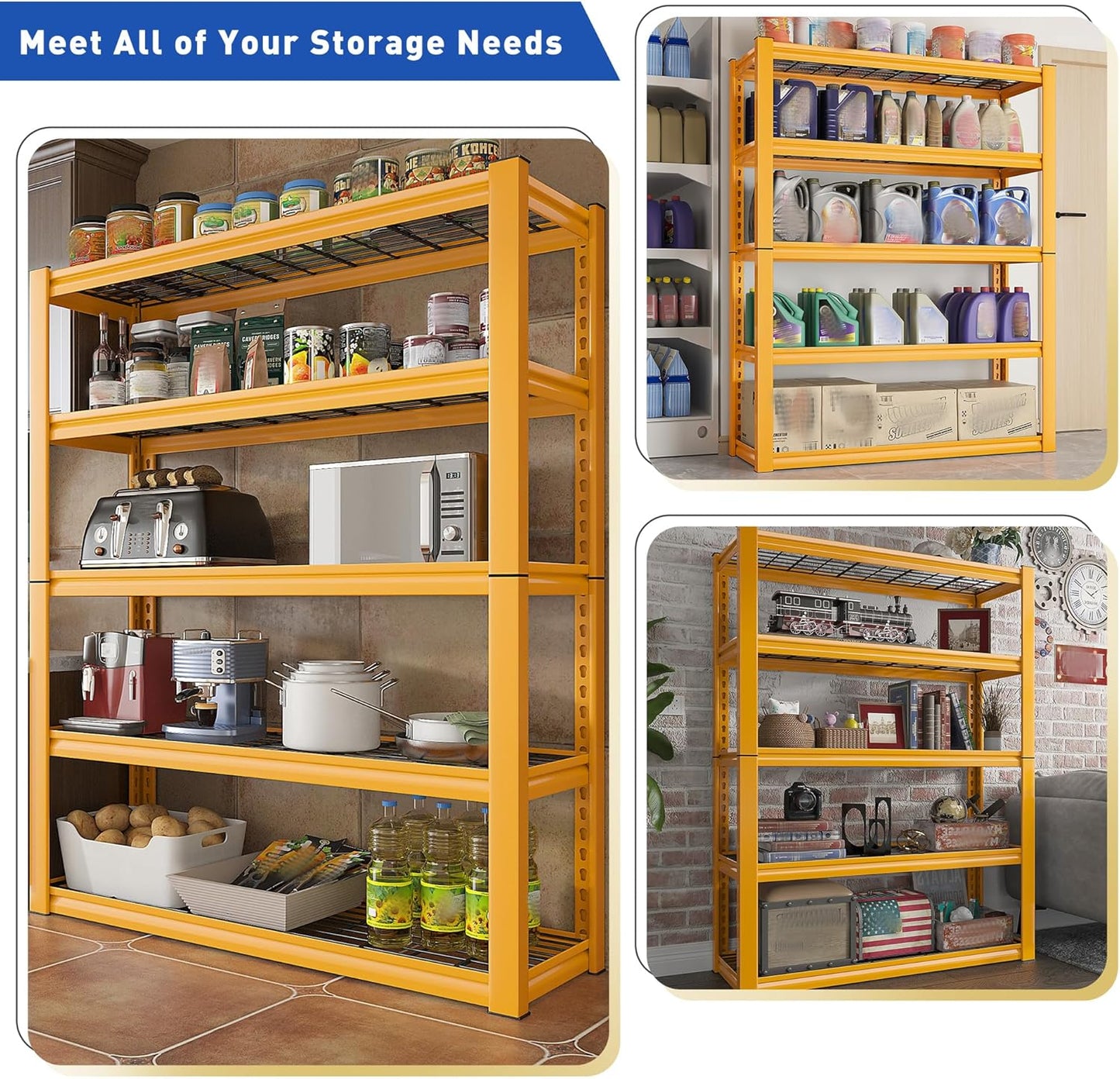 REIBII Storage Shelves 40''W Garage Shelving Heavy Duty Metal Shelving 2000LBS Metal Shelves 5 Tier Industrial Shelf for Pantry Kitchen Basement 72" H x 40''W x 17.8''D, Yellow