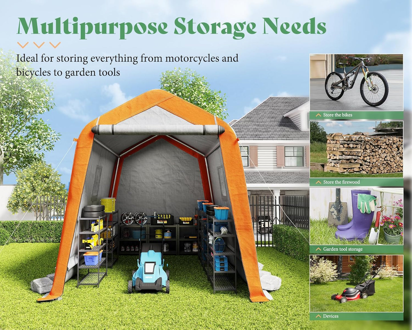 AMERLIFE 6x8x6.6 FT Heavy Duty Portable Shed Storage Shelter, Outdoor Storage Shed with 2 Waterproof Windows & Roll-Up Zipper Door, Carport for Motorcycle, Bike, Grey