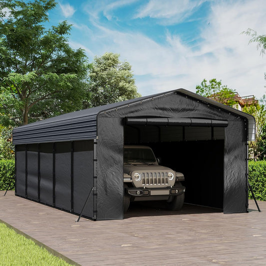 Real Relax 13' x 26' Heavy Duty Metal Carport, Outdoor Garage Car Shelter Shade with Removable Sidewalls, Extra Long Heavier Metal Frame for SUV Trucks and Boats, Gray