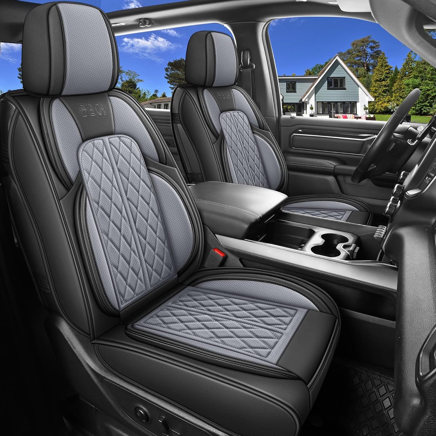 Car Seat Cover Custom Fit for Dodge Ram 1500 2500 3500 2002-2024 Faux Leather Seat Cover Set Compatible with Crew Quad Regular Cab Pickup Truck Cushions (Black & Grey, Full Set, Curved Rear)