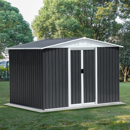 6x8 FT Outdoor Storage Shed, Metal Garden Shed with Lockable Sliding Doors, Outside Tool Shed with Sloped Roof & 4 Air Vents, Waterproof Storage Building for Backyard, Patio, Lawn, Gray