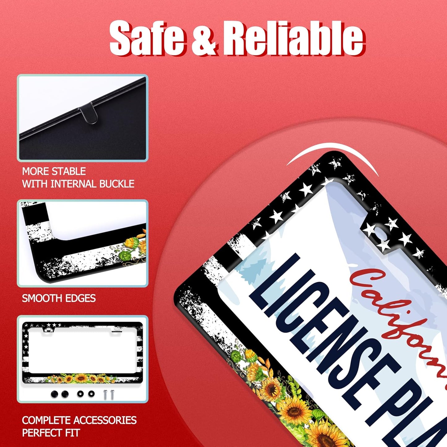 American Flag Sunflower License Plate Frame Patriotic Floral License Plate Frames for Car Decorative Parts Stainless Stee License Plate for Standard Us Canada Funny License Plate Holder 12x6 Inch