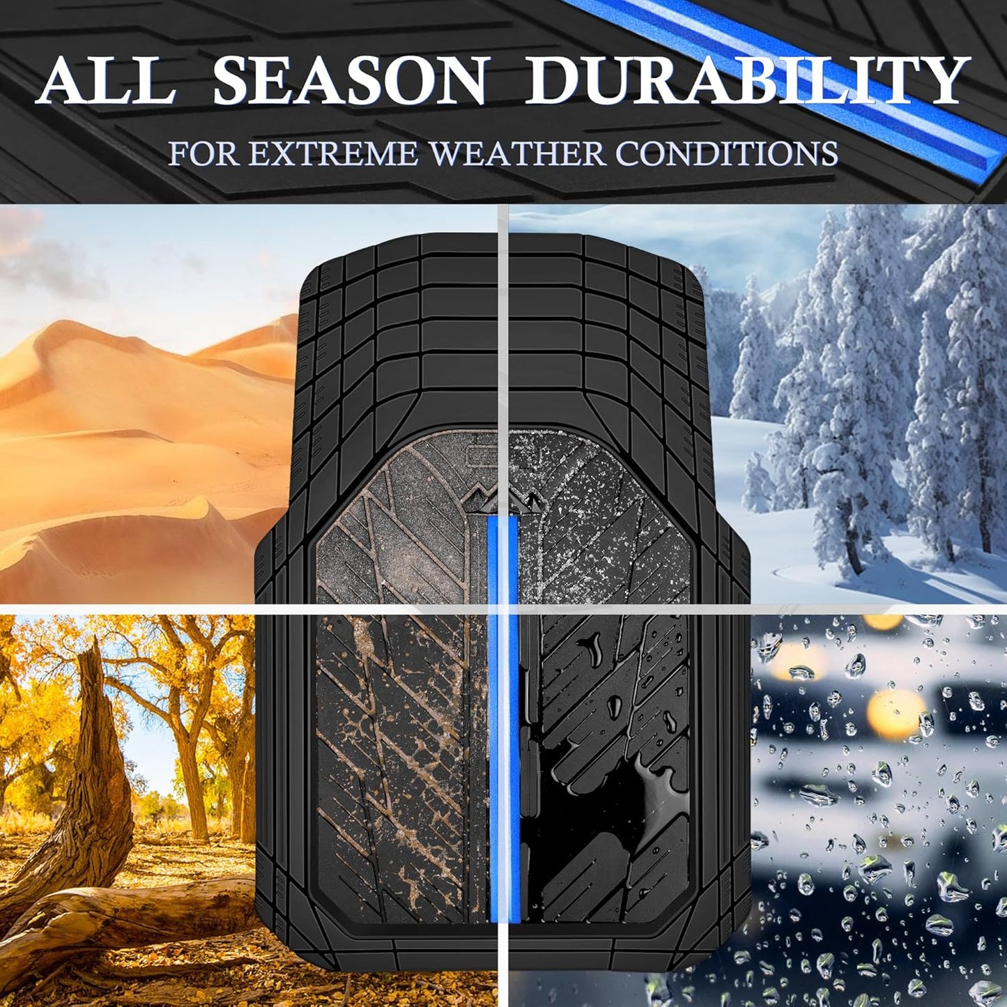 CAR PASS Metal Medium Rubber Floor Mats for Car Heavy Duty Car Mats All Weather, Universal Trim to Fit for Truck SUV Vehicle Automotive Floor Mats, Waterproof Car Mats 4 Piece Black Bule