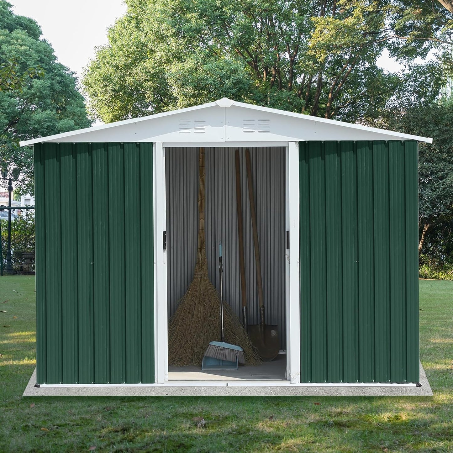 6x8 FT Outdoor Storage Shed, Metal Garden Shed with Lockable Sliding Doors, Outside Tool Shed with Sloped Roof & 4 Air Vents, Waterproof Storage Building for Backyard, Patio, Lawn, Green
