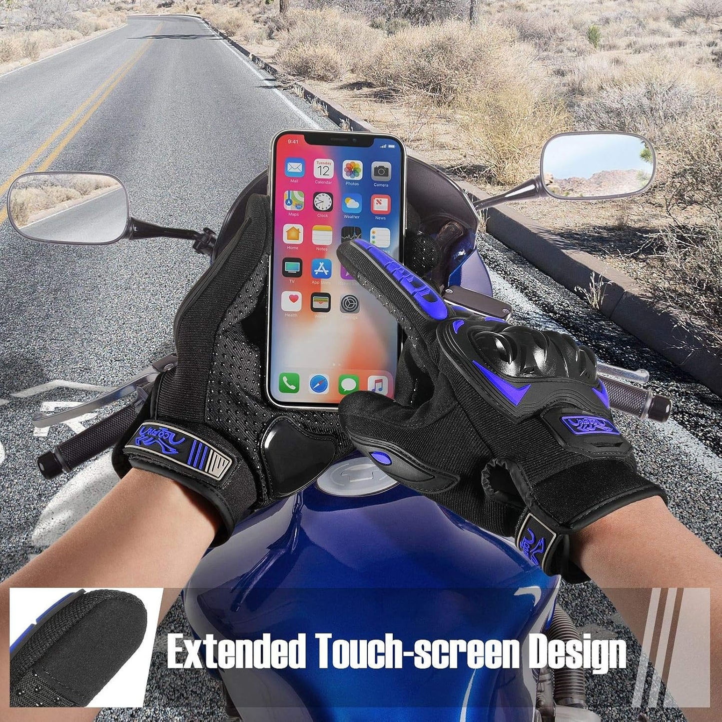 COFIT Motorcycle Gloves Breathable, Touchscreen Motorbike Gloves Anti-slip with Good Grip Hard Knuckles Protection for Men Women Motocross, BMX ATV MTB Cycling, Road Racing - Blue L
