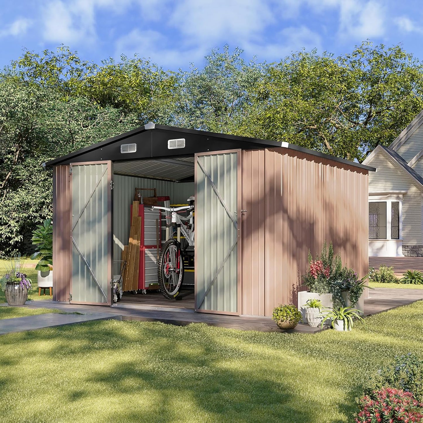 Aoxun 10x8.5 FT Outdoor Storage Shed Garden Metal Shed with Lockable Door Outdoor Large Shed for Tool, Garbage Can, Bike, Mower, Brown