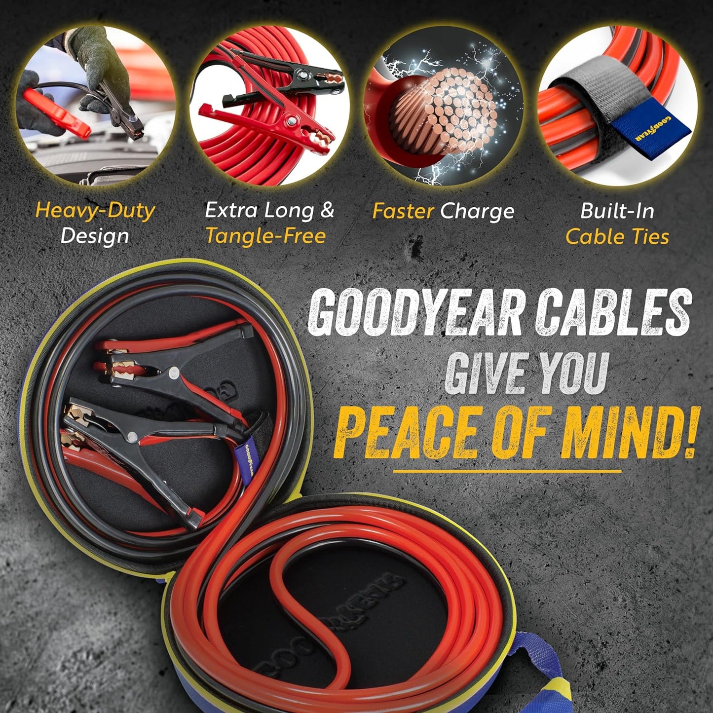 GOODYEAR Heavy Duty Jumper Cables for Car Battery – 2 Gauge 16 ft Booster Cables with Carrying Case for Cars, Trucks, SUVs, Emergency Roadside Kit