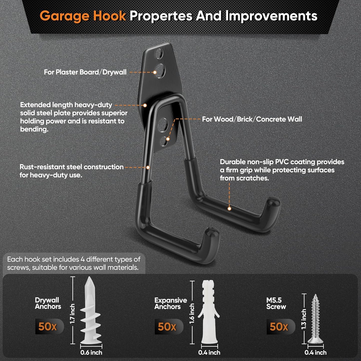 Nacial 26 Pack Garage Hooks Heavy Duty, Utility Steel Garage Storage Hooks with 2 Extension Cord Storage Straps, Utility Garage Wall Mount Hooks for Hanging Bike, Ladder and Garden Tools, Black