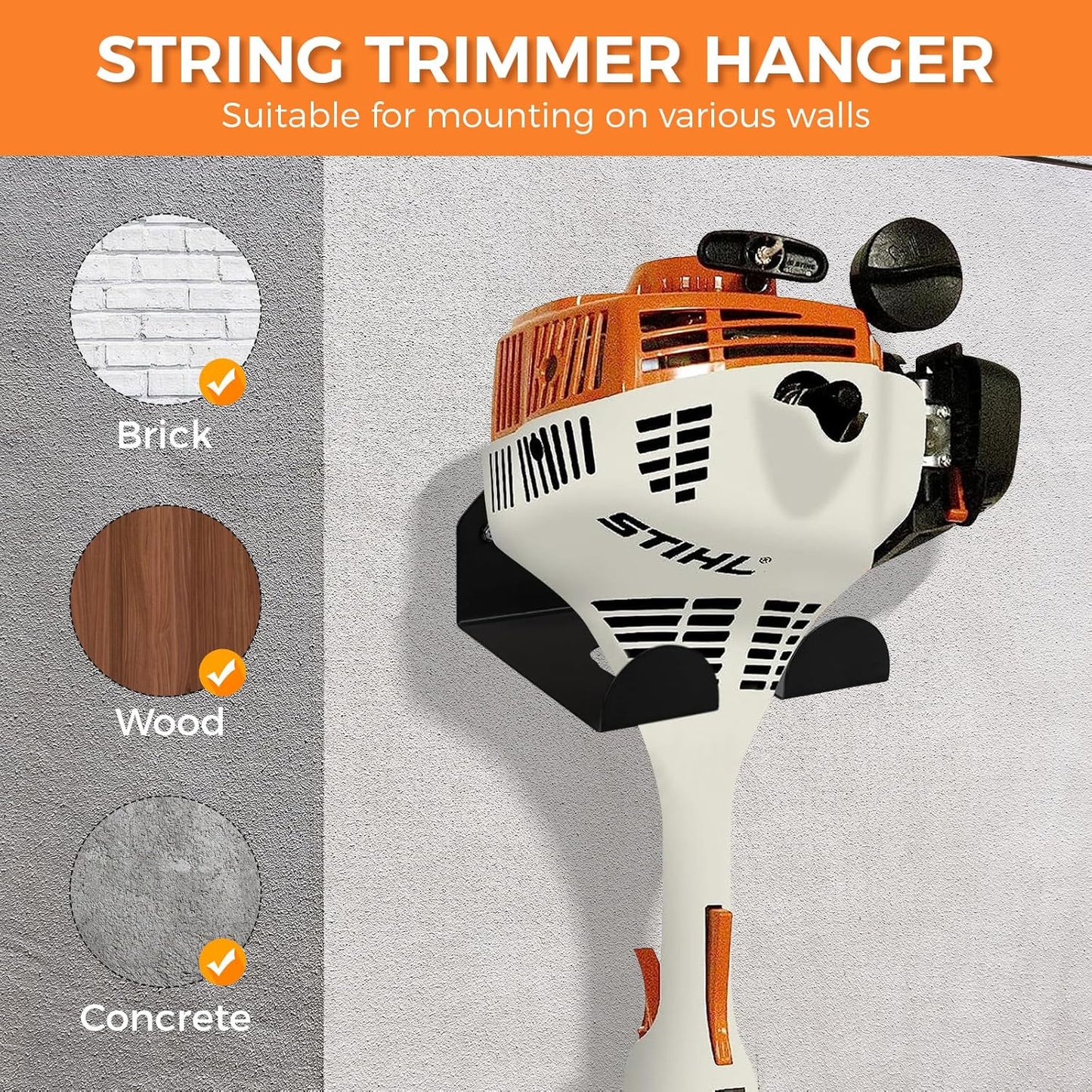 Weedeater Rack, 1 Pack Weed Eater Hanger, Weed Eater Rack for Wall, Heavy Duty Garden Tool Garage Organizer Trimmer Holder, Chainsaw Hanger Wall Mount(Orange)