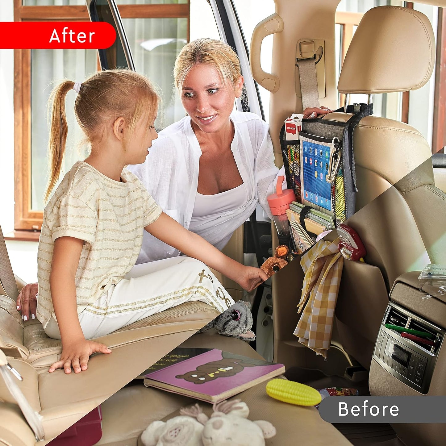 Helteko Backseat Car Organizer, Kick Mats Back Seat Protector with Touch Screen Tablet Holder, Organizer for Kids, Travel Accessories, Mat 9 Storage Pockets 2 Pack