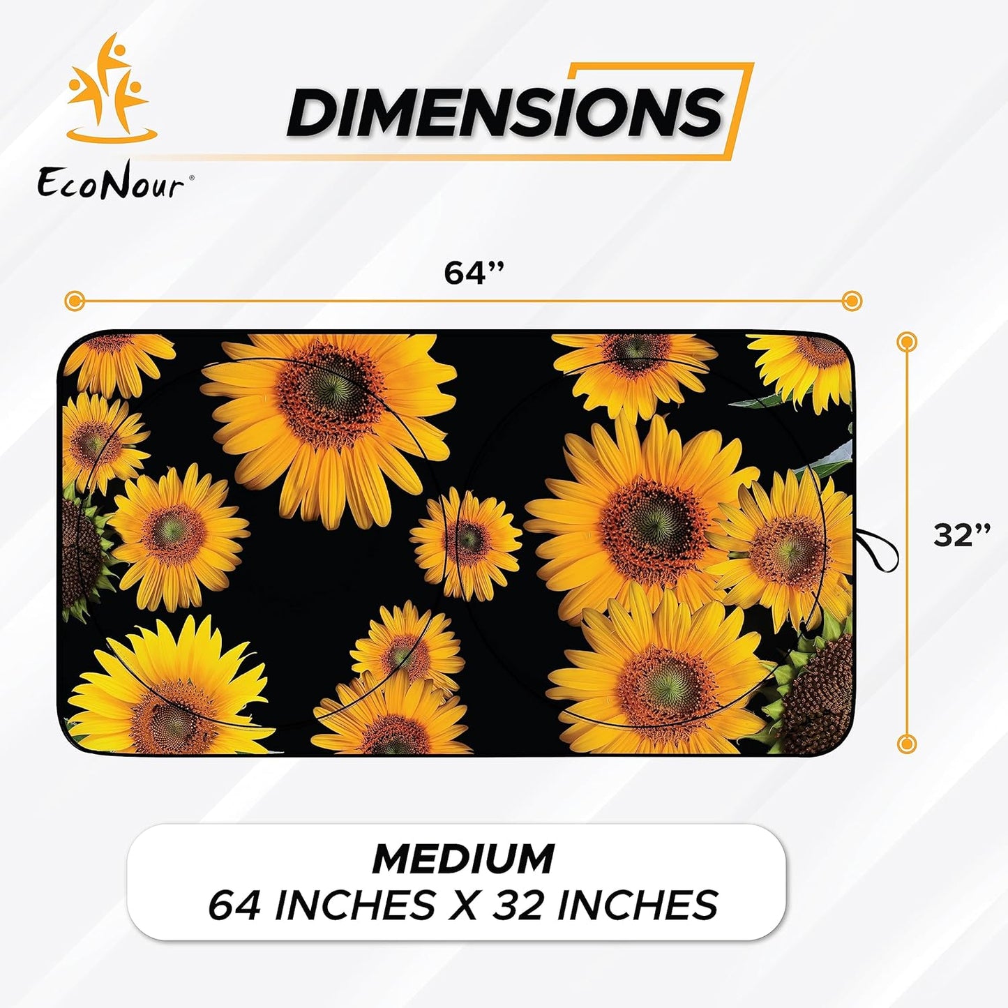 EcoNour Car Windshield Sun Shade with Pouch Bag (Sunflower) | Front Window Sun Protector for UV Rays | Car Interior Accessories Fits Small Sedans, Mini SUVs & Hatchbacks | Medium (64"x 32")