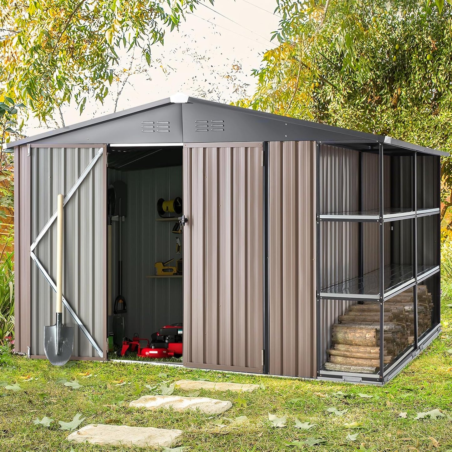 AECOJOY 10x8 Metal Storage Shed with Rack, Gray, Large Outdoor Storage Tool Utility Shed with Shelves, Weather Resistant, 263 lbs, 77.2"H x 112.8"W x 100.6"D