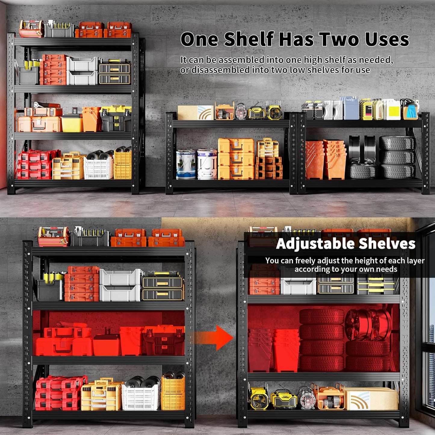 5000LBS Heavy Duty Garage Shelving 59" W Garage Storage Shelves 4-Tier Metal Garage Shelving Adjustable Shelf Unit Storage Rack for Basement Supermarket Warehouse 59" W x 24" D x 78" H Black