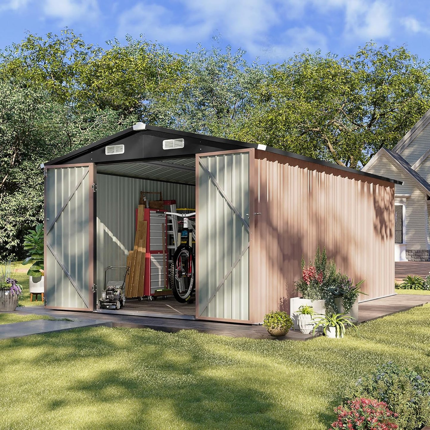 Aoxun 8x12 FT Outdoor Storage Shed Large Shed Steel Utility Tool Shed Storage House with Door & Lock, Metal Sheds with Sloped Roof for Garden Patio Lawn Poolside, Brown
