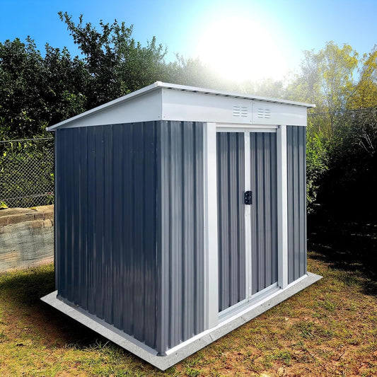 6x4 FT Outdoor Storage Shed with Sloping Roof, Waterproof Metal Garden Sheds w/Lockable Sliding Doors and Vents, Weather Resistant Tool Storage House for Backyard, Patio, Lawn, Grey