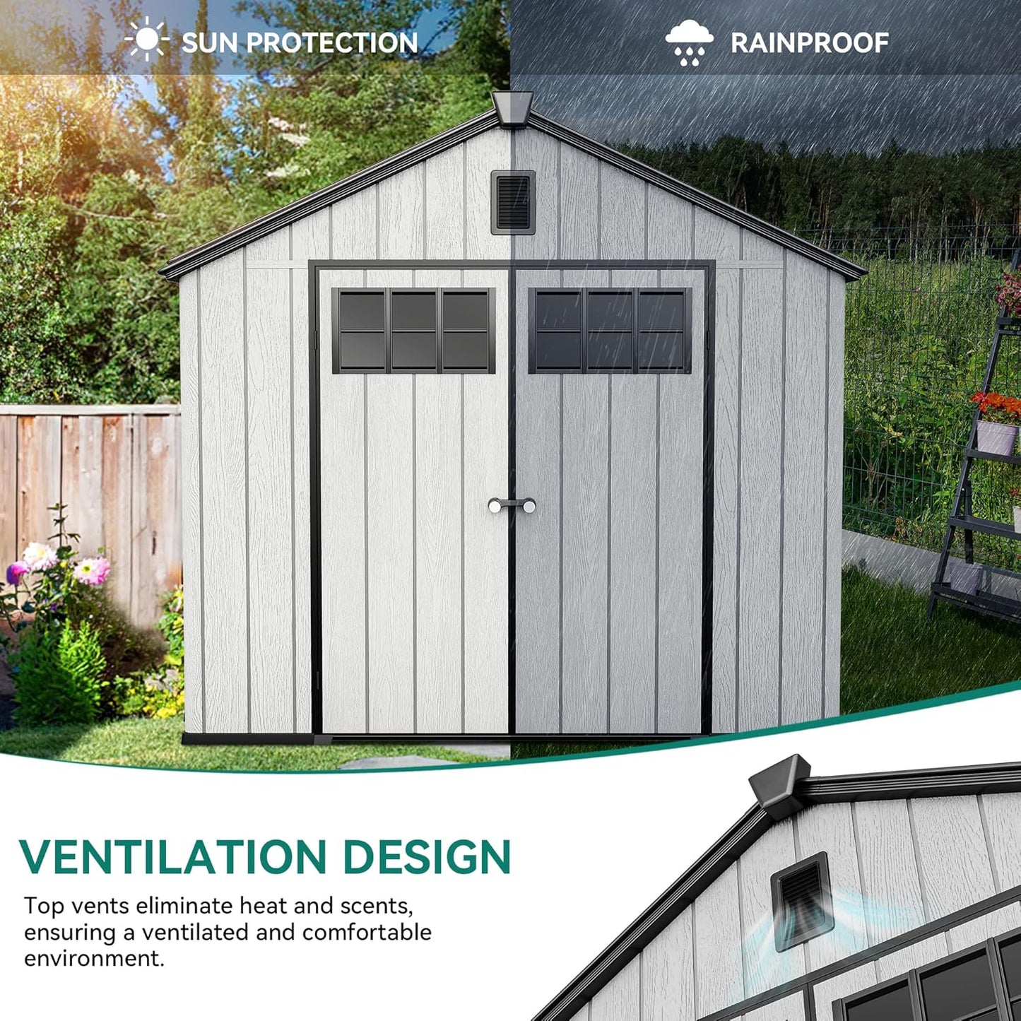 YITAHOME 8x10 FT Outdoor Storage Shed with Floor, Plastic Garden Shed for Bikes, Tools, and Pool Supplies, Outdoor Resin Shed with Lockable Doors, Windows, and Vents for Patio, Lawn, Backyard, Gray