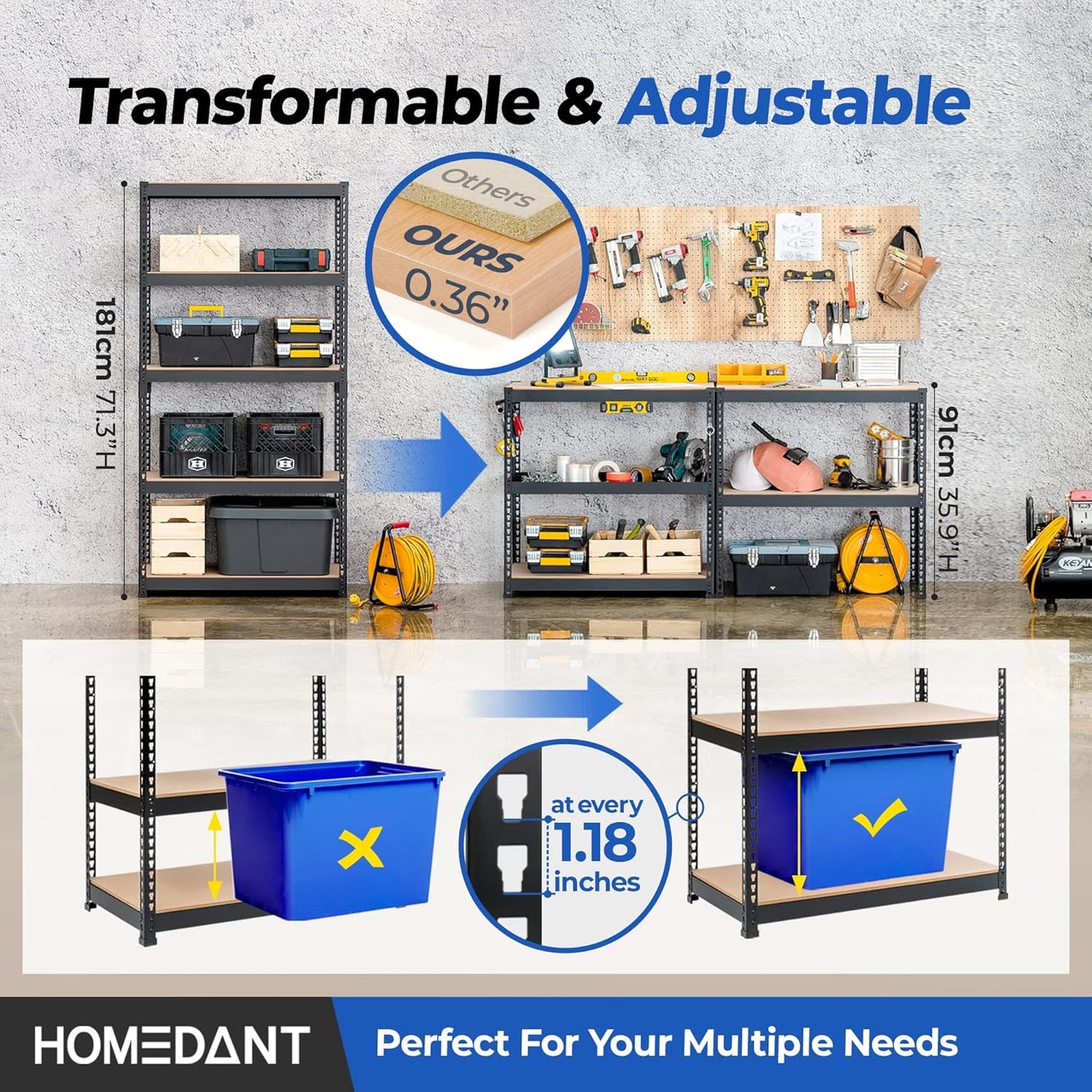 HOMEDANT 5 Tier Laminated Boltless Metal Shelving Unit Adjustable Garage Storage Utility Rack Heavy Duty Shelves Organization Multipurpose Shelf Warehouse Pantry Shed 35.9" W x 18.2" D x 71.3" H 1Pack