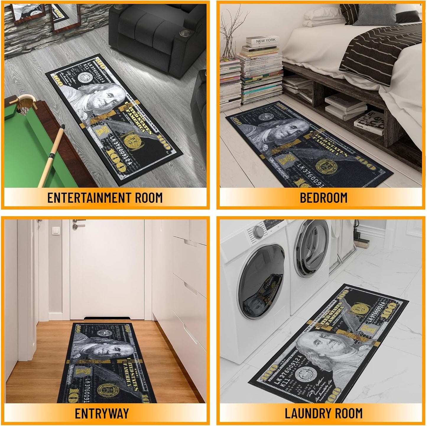 Ottomanson 22" x 53" $100 Bill Money Rug - Durable & Non-Slip Area Rug - Fun & Eye-Catching Decor for Bedroom, Office, Game Room & Man Cave - Unique Gift for & Trendy Home Decor, Black/Gold