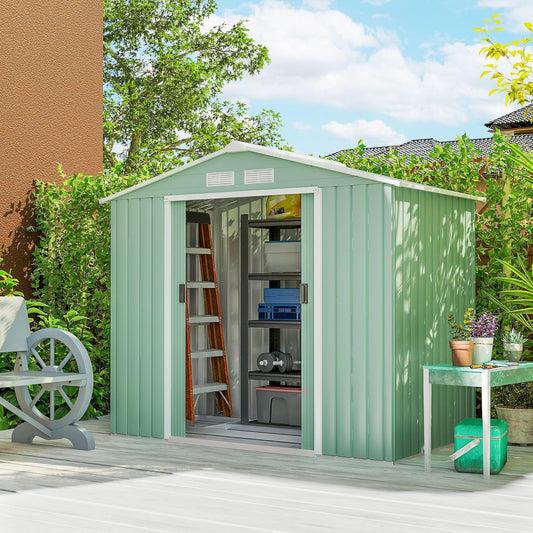 Outsunny 7' x 4' Outdoor Storage Shed, Garden Tool Metal Shed with Foundation Kit, Double Lockable Door, Air Vents and Sloping Roof, for Backyard, Patio, Lawn, Light Green
