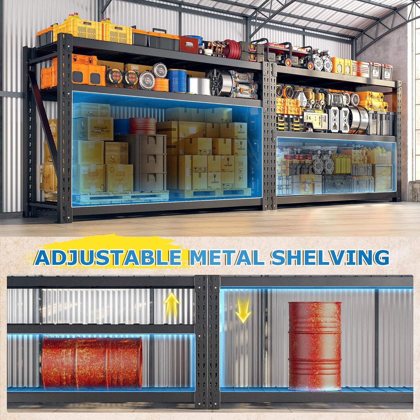 Bepatio 8250LBS Garage Shelving Heavy Duty Storage Shelves Industrial Metal Shelving Adjustable 3-Tier Shelves for Garage, Warehouse Basement Storage Room 24" D × 60" W × 66" H