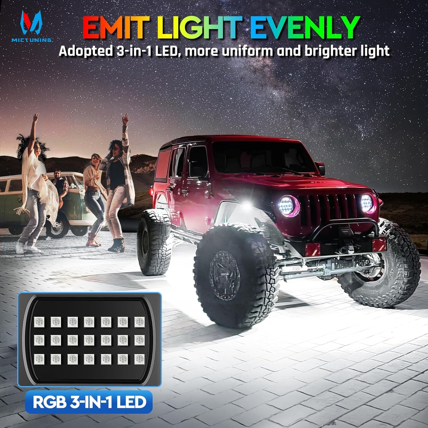 MICTUNING 2025 1000% Bright Q1 MAX RGB+IC Rock Lights, 12 Pods Chasing Dreamcolor Extensible Underglow Multicolor Neon Light Underbody Lighting Kit with APP Control for Truck ATV UTV Boat