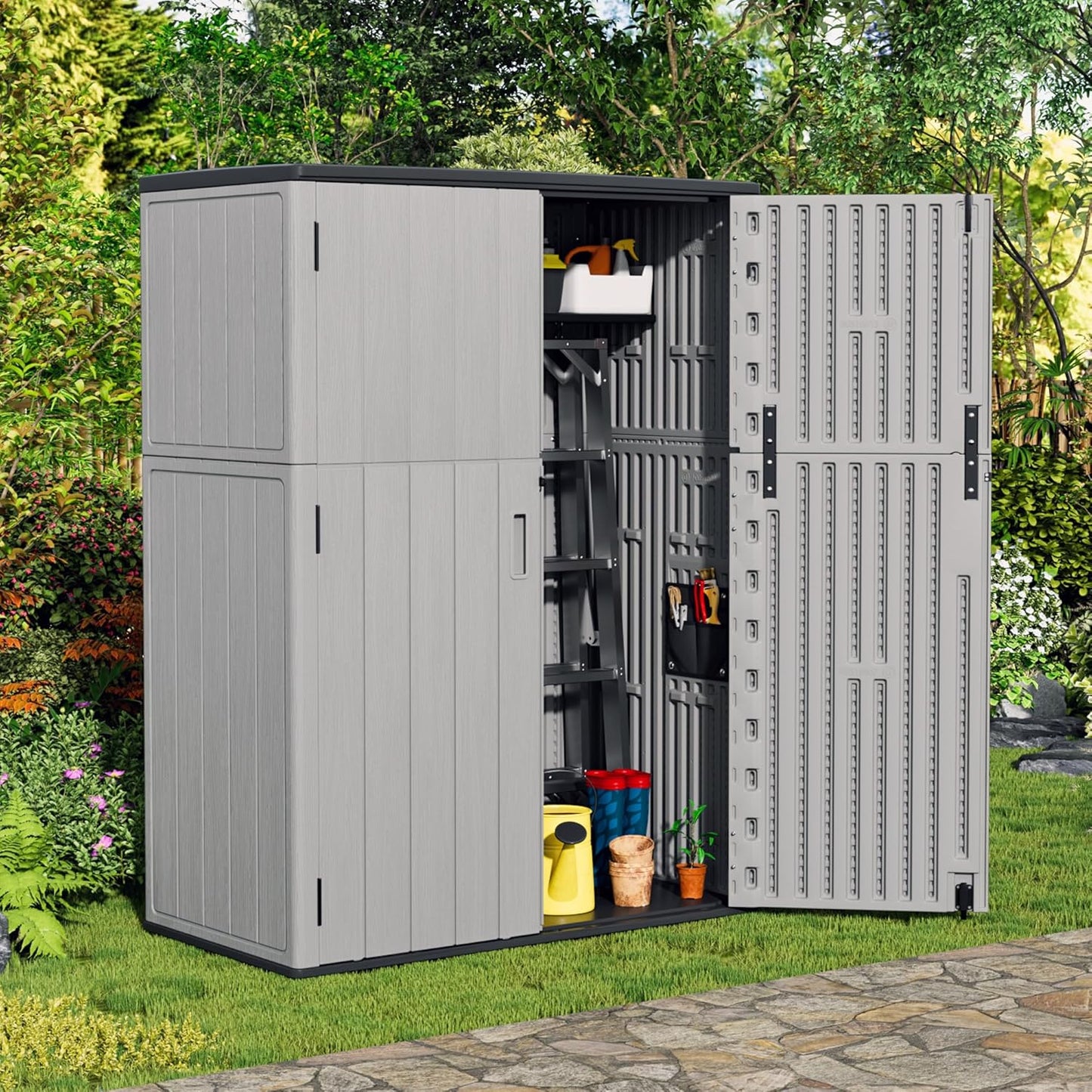 Plastic Outdoor Storage Cabinets,Vertical Sheds&Outdoor Storage with Floor,Outdoor Storage Box Waterproof/Lockable for Garage,Bike,Tools Storage Shed (57Cu.ft-Pale Grey)