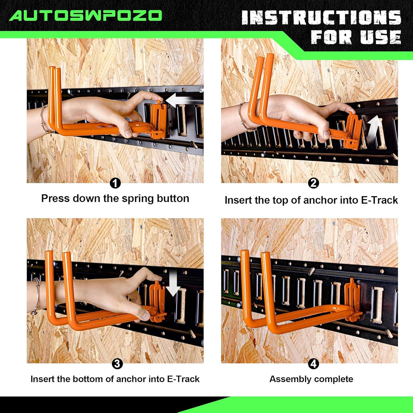 4-Pack E-Track Heavy Duty Shovel/Tool Hanger, E Track Hooks for Tools, Rakes, Spades in Trailers, Trucks, Workshop and Warehouse with E-Tracks, E Track Accessories Tool Holder (Orange)