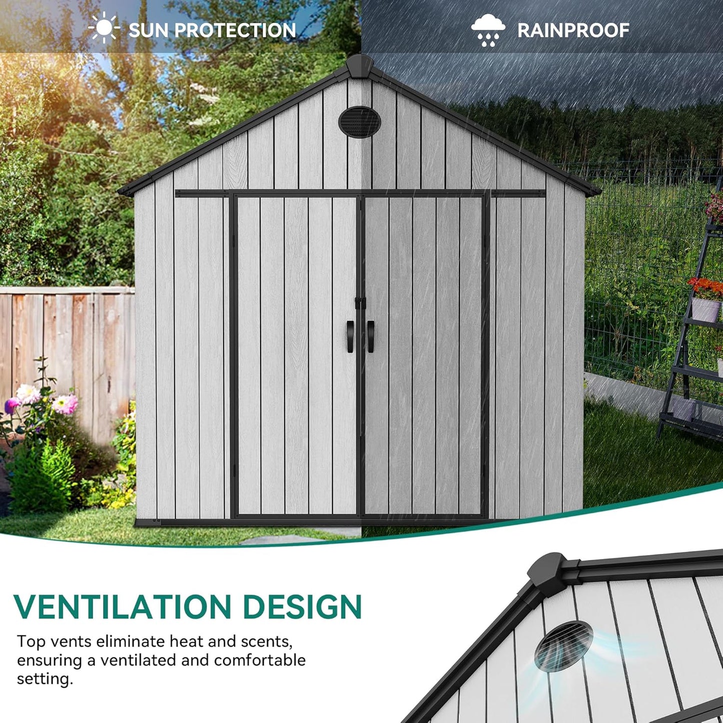 YITAHOME 8x10 FT Outdoor Storage Shed with Floor, Plastic Garden Shed for Bikes, Tools, Supplies, Waterproof Resin Shed with Lockable Doors, 2 Windows & 2 Vents for Patio, Backyard, 556 cu. Ft., Gray