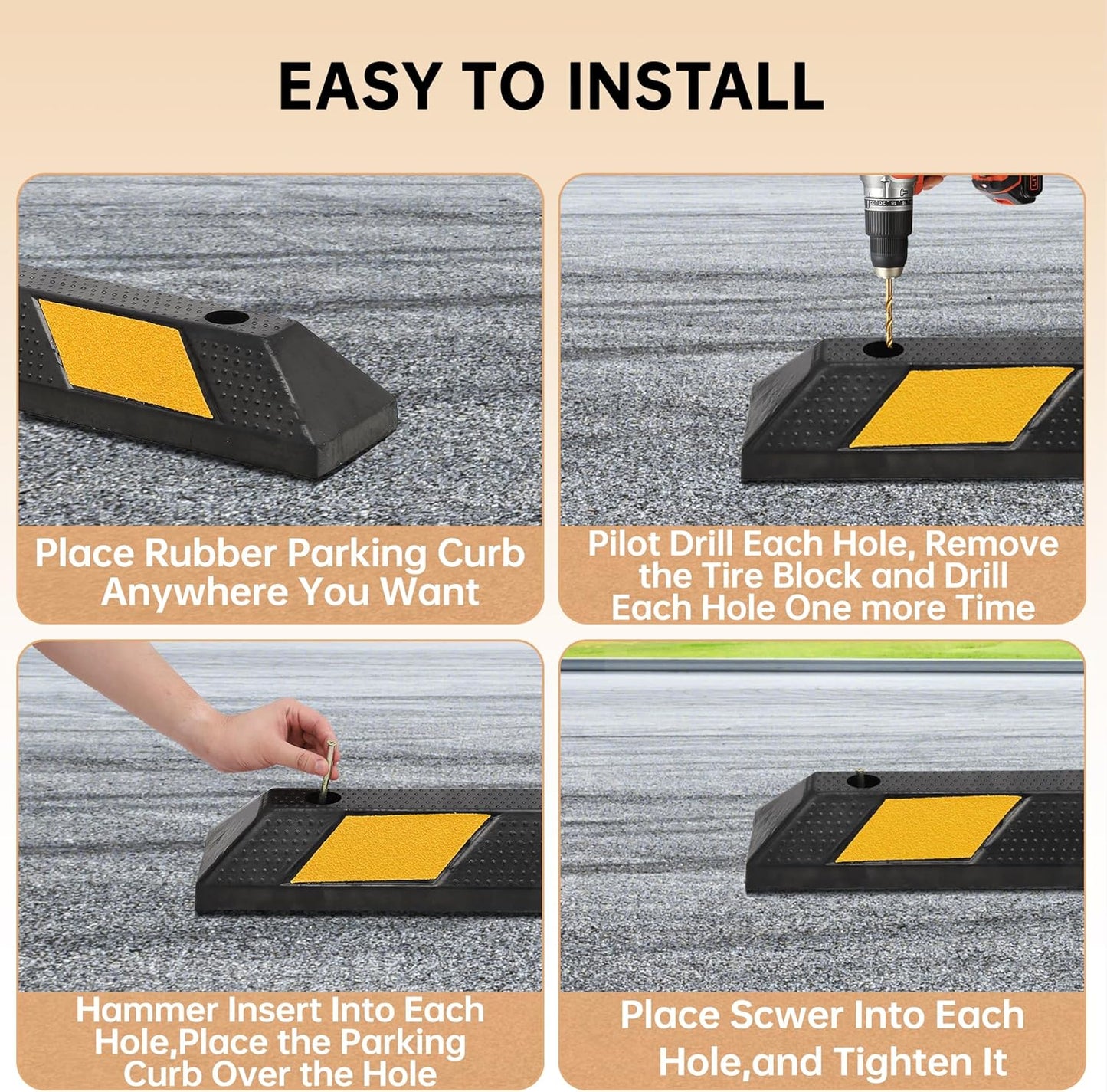 1-Pack 72" Rubber Parking Curb, Heavy Duty Long Garage Floor Wheel Stopper with Highly Visible Yellow Reflective Stripes, Car Parking Bumpers for Truck, RV, Trailer